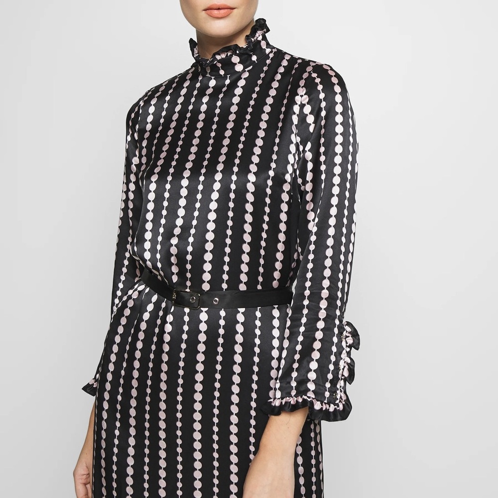 Kate Spade 100% Silk Pearl Strands Print High Ruffle Neck Snap Midi Dress - Picture 7 of 12